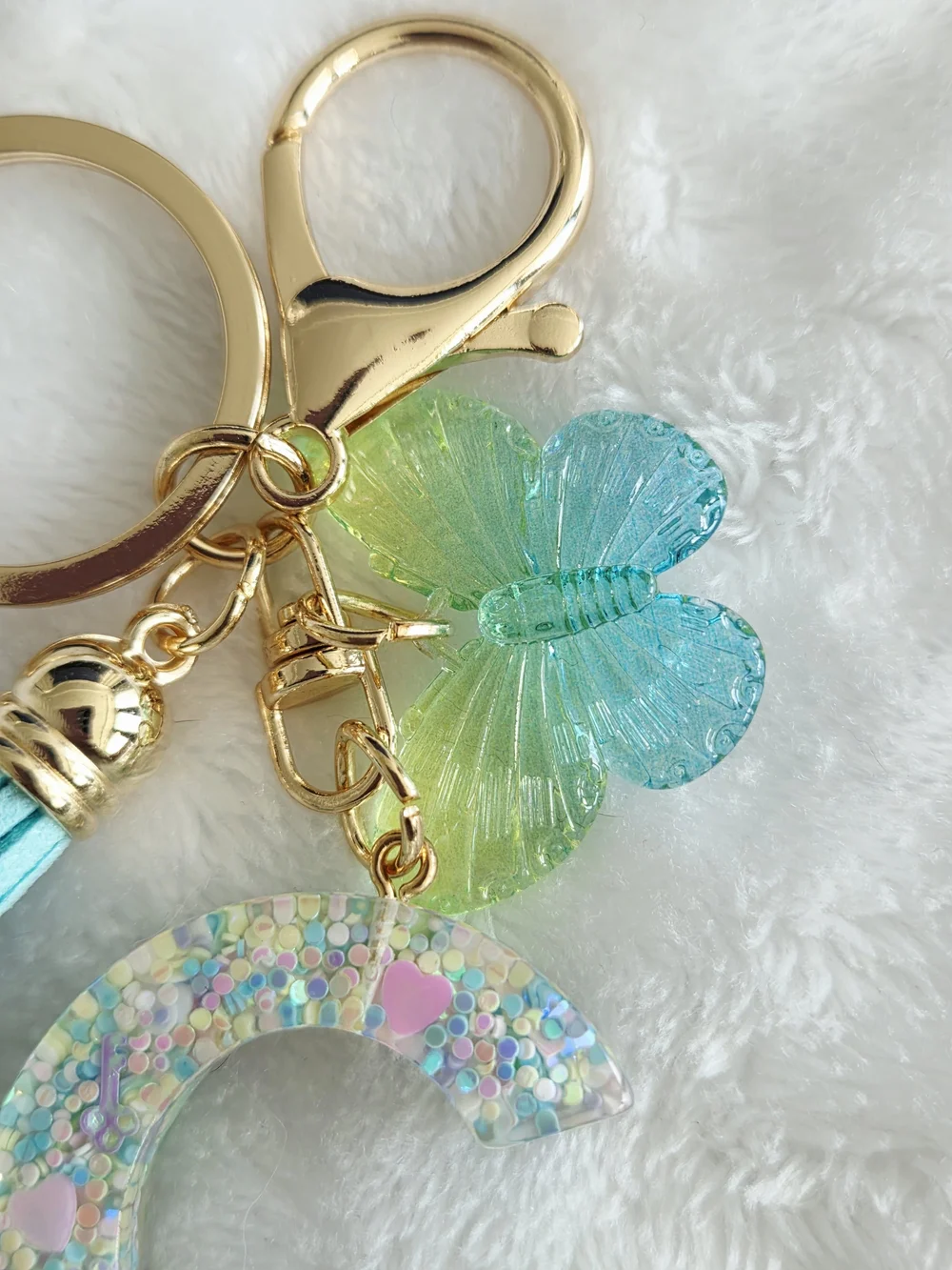 Sparkling Aqua Letter C Keychain with Tassel & Butterfly Bag Charm